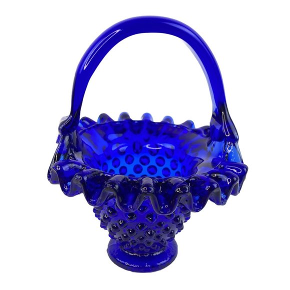 Source Unknown Other - *Cobalt Blue Glass Hobnail Decorated Basket with Ruffled Collar & Applied Handle